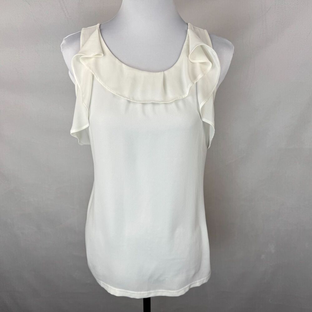Loft Women Top Sz S Ivory Sleeveless Round Neck Ruffle Pullover
